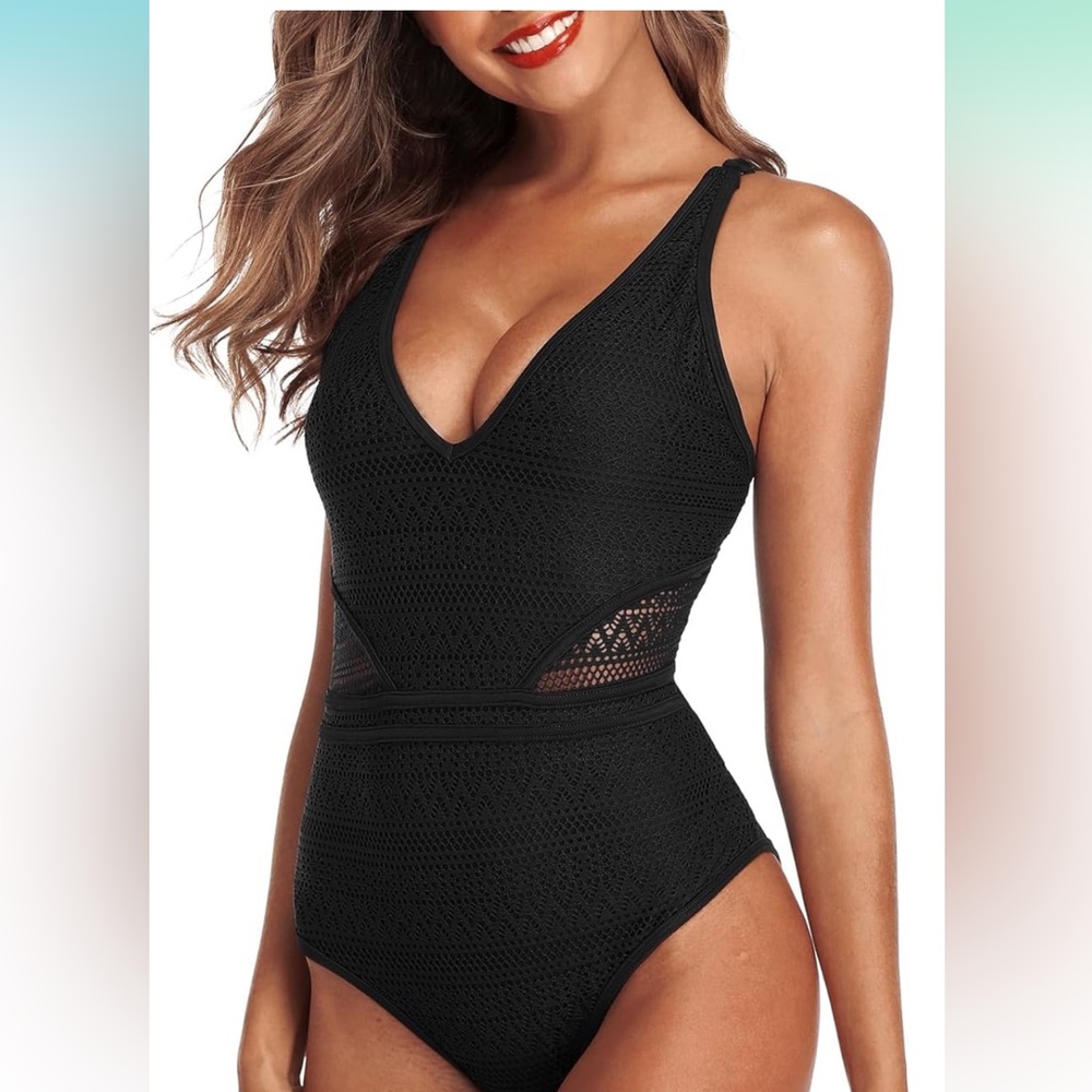 One Piece Crochet High Waisted Bathing Suit Backless Mesh V Neck Monokini